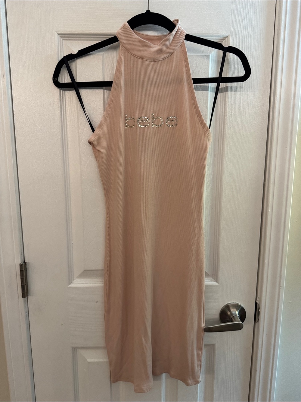 BEBE Y2k Ribbed Halter Rhinestone Logo Bodycon Dress Blush Pink Size Small